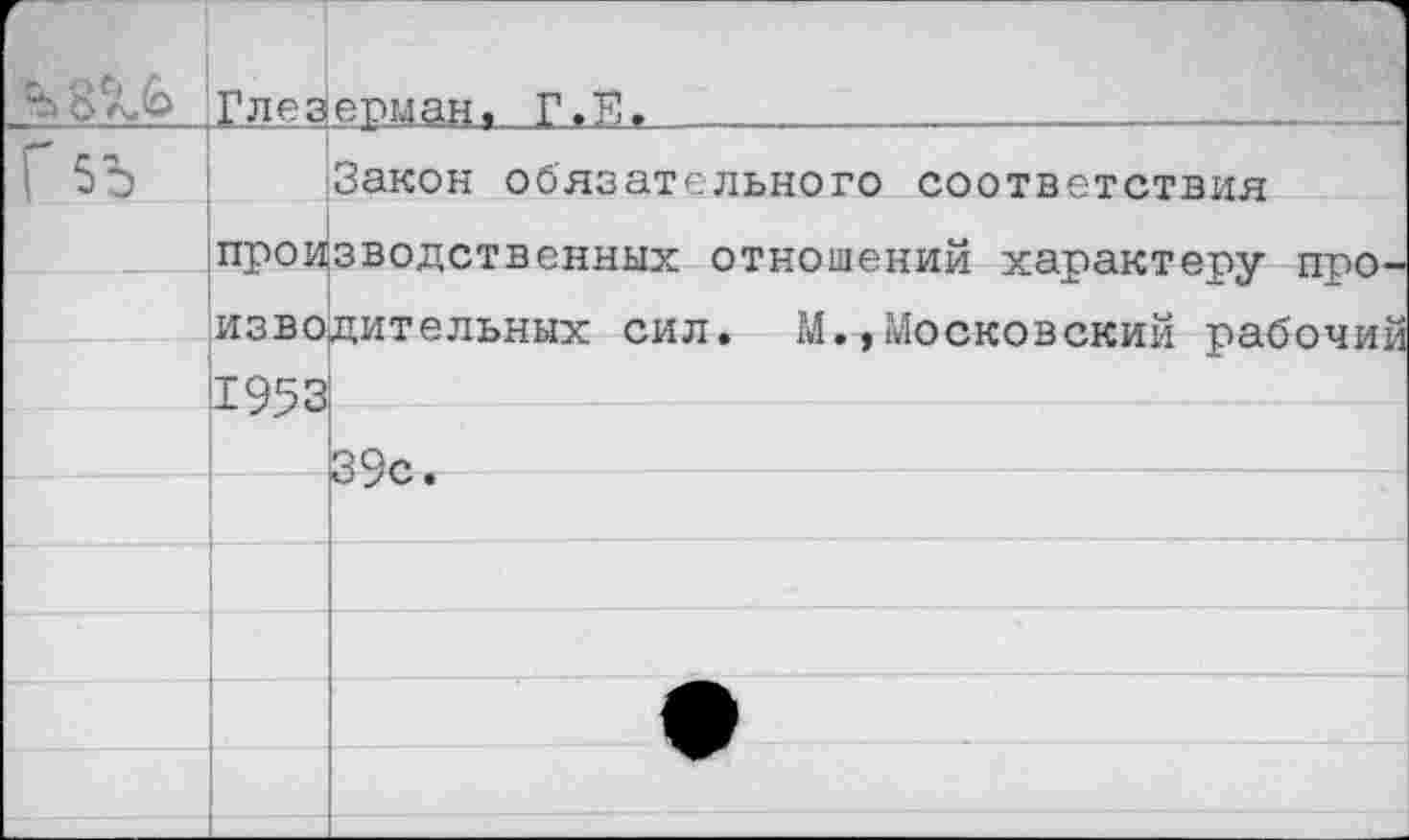 ﻿1м<о	Глеаепман. Г.Е. ...		 	 		
Г 5Ъ	про и изво 1953	Закон обязательного соответствия зводственных отношений характеру про-дительных сил. М.,Московский рабочий
		
		
		
		
		
		